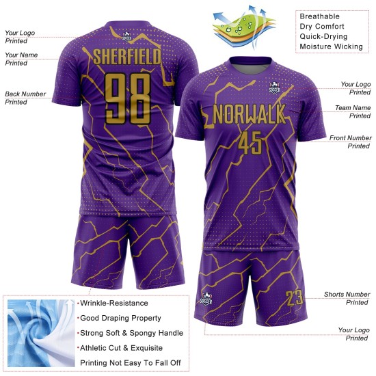 Sports Gold-Black Uniform Purple Lightning Sublimation Custom Jersey Old Soccer