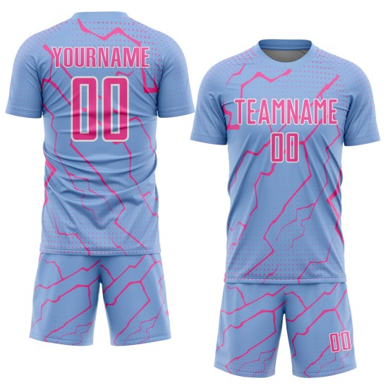 Sublimation Blue Pink-White Sports Custom Lightning Soccer Uniform Jersey Light