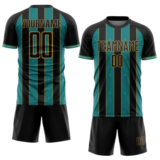 Pinstripe Gold Sports Sublimation Jersey Black Teal-Old Soccer Custom Uniform Line