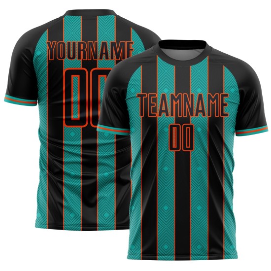 Pinstripe Line Custom Sublimation Sports Soccer Aqua-Orange Jersey Uniform Black Pinstripe Line Custom Sublimation Sports Soccer Aqua-Orange Jersey Uniform Black