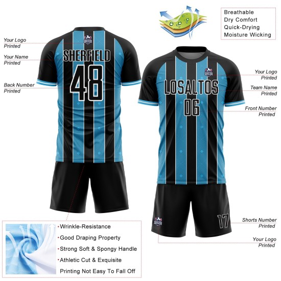 Blue-White Jersey Line Sublimation Sports Uniform Black Soccer Sky Custom Pinstripe