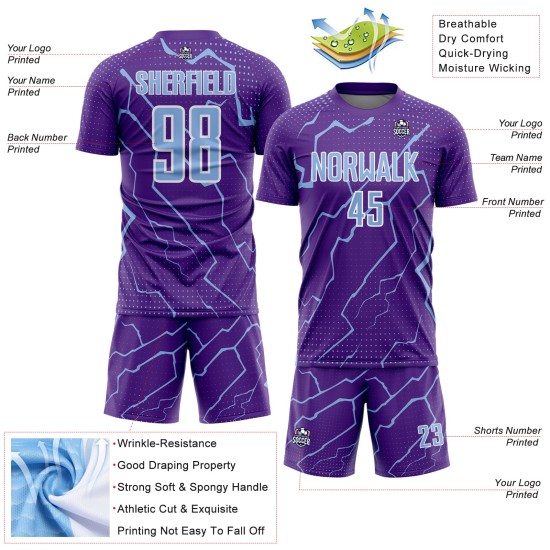 Soccer Sublimation Uniform Jersey Sports Lightning Light Purple Blue-White Custom