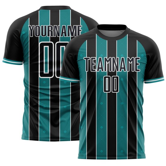Pinstripe Teal-White Jersey Sublimation Line Soccer Uniform Custom Sports Black Pinstripe Teal-White Jersey Sublimation Line Soccer Uniform Custom Sports Black