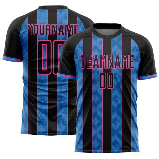 Soccer Powder Sublimation Jersey Pinstripe Line Sports Black Custom Uniform Blue-Pink