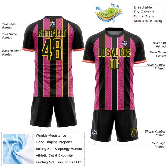 Custom Pink-Light Soccer Sublimation Line Black Jersey Yellow Uniform Pinstripe Sports
