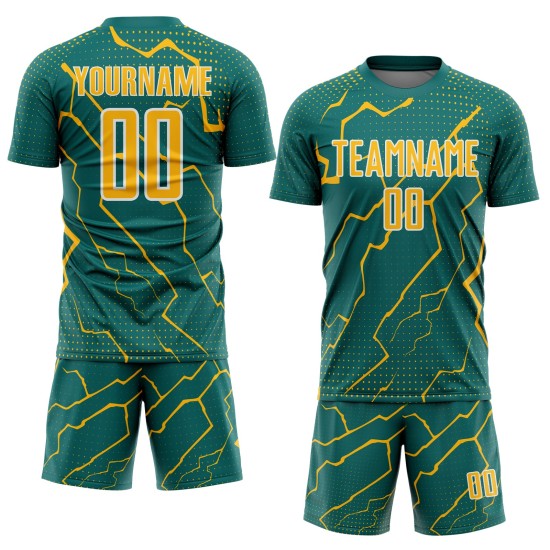 Lightning Soccer Jersey Custom Sublimation Teal Sports Uniform Gold-White Lightning Soccer Jersey Custom Sublimation Teal Sports Uniform Gold-White