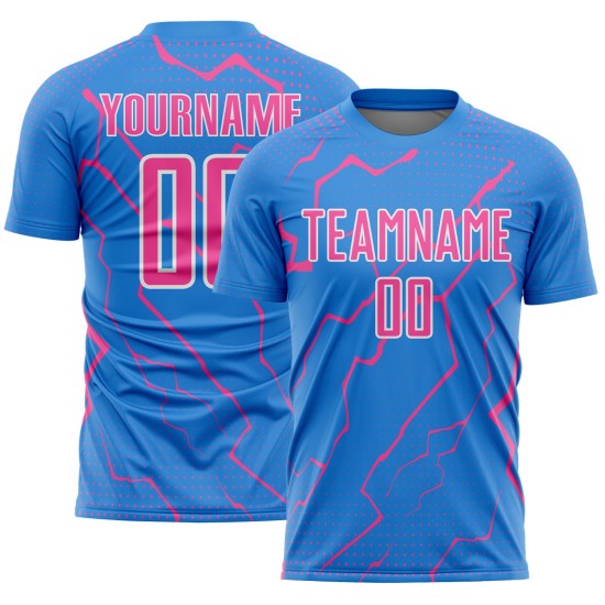 Pink-White Uniform Custom Sports Blue Jersey Lightning Powder Soccer Sublimation