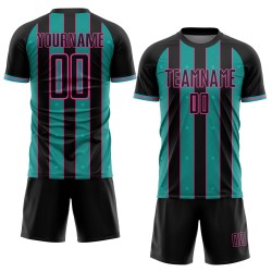 Sublimation Soccer Sports Pinstripe Black Jersey Custom Aqua-Pink Line Uniform