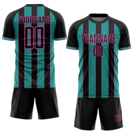 Sublimation Soccer Sports Pinstripe Black Jersey Custom Aqua-Pink Line Uniform