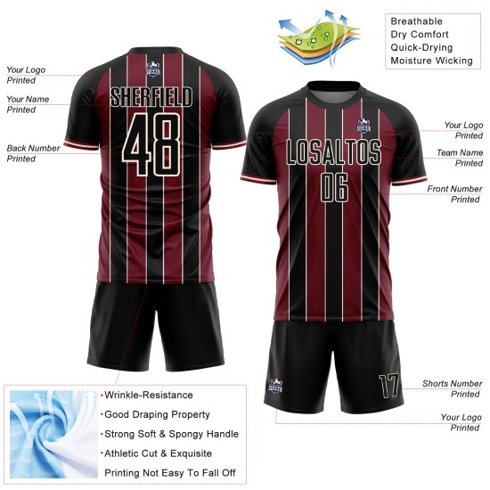 Black Sports Custom Soccer Line Pinstripe Sublimation Jersey Uniform Crimson-Cream