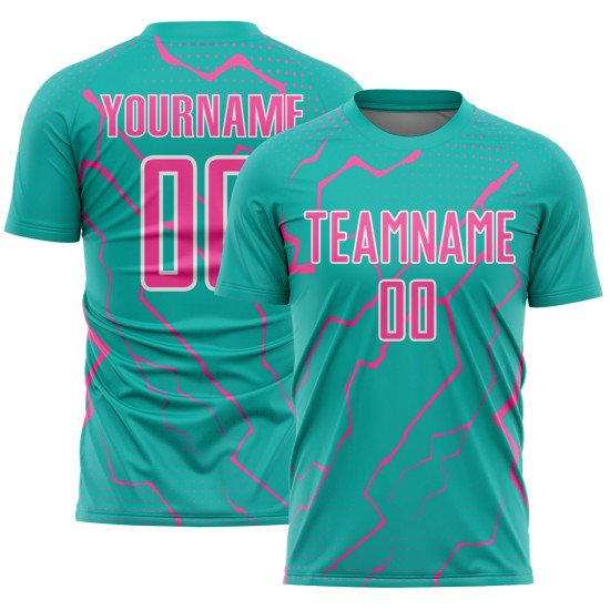 Lightning Soccer Jersey Sports Uniform Custom Aqua Sublimation Pink-White