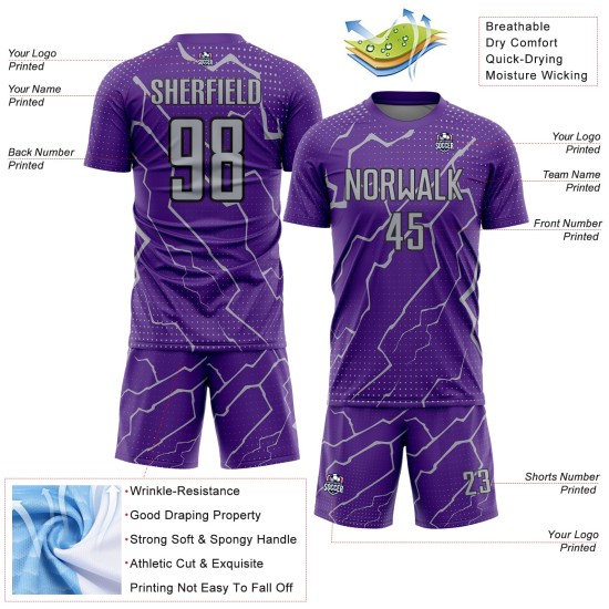 Sublimation Custom Sports Purple Gray-Black Lightning Soccer Jersey Uniform Sublimation Custom Sports Purple Gray-Black Lightning Soccer Jersey Uniform