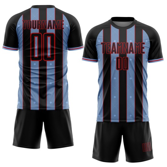 Uniform Jersey Soccer Line Sports Light Pinstripe Black Sublimation Blue-Red Custom