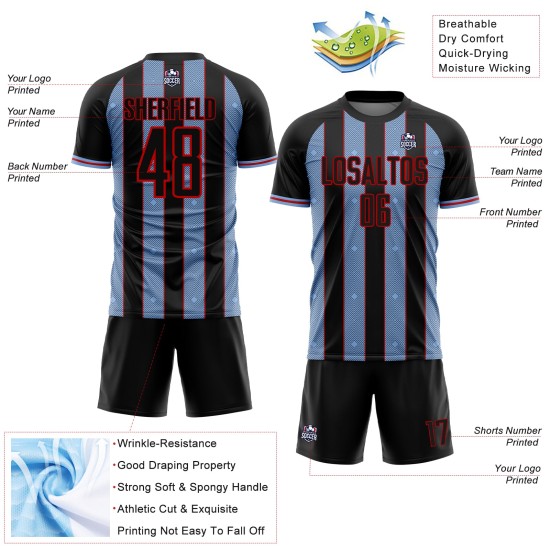 Uniform Jersey Soccer Line Sports Light Pinstripe Black Sublimation Blue-Red Custom