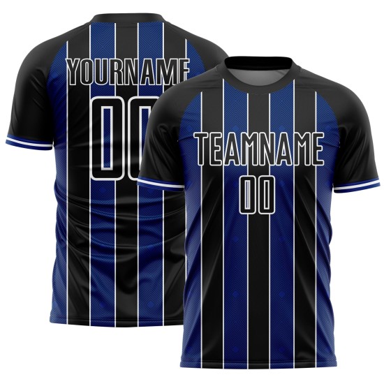 Sports Soccer Pinstripe Line Custom Sublimation Uniform Black Royal-White Jersey Sports Soccer Pinstripe Line Custom Sublimation Uniform Black Royal-White Jersey