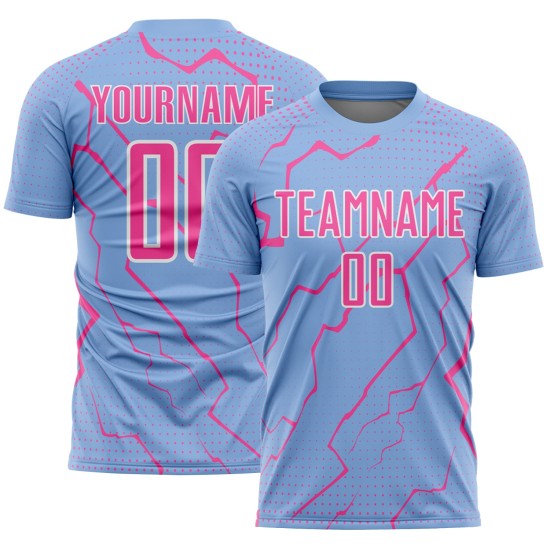 Sublimation Blue Pink-White Sports Custom Lightning Soccer Uniform Jersey Light