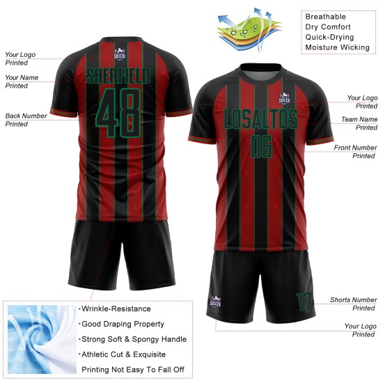 Jersey Green Black Custom Soccer Uniform Line Sublimation Red-Kelly Sports Pinstripe