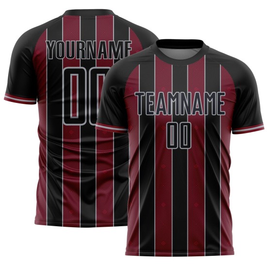 Pinstripe Sports Black Jersey Crimson-Gray Custom Line Sublimation Soccer Uniform Pinstripe Sports Black Jersey Crimson-Gray Custom Line Sublimation Soccer Uniform