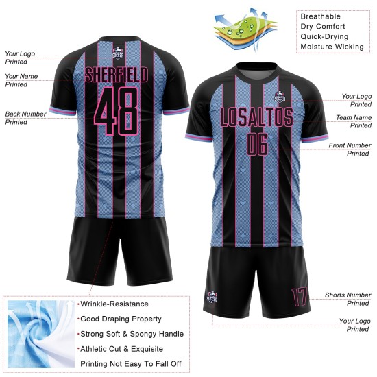 Sublimation Light Blue-Pink Jersey Pinstripe Uniform Soccer Line Sports Black Custom