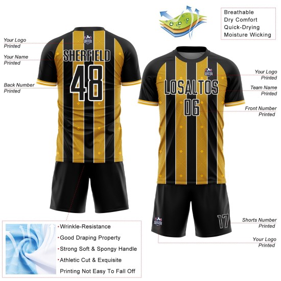 Black Custom Sports Uniform Line Gold-White Jersey Soccer Pinstripe Sublimation Black Custom Sports Uniform Line Gold-White Jersey Soccer Pinstripe Sublimation