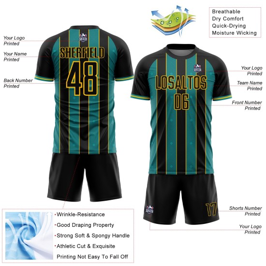 Custom Pinstripe Uniform Jersey Sports Sublimation Teal-Yellow Soccer Black Line