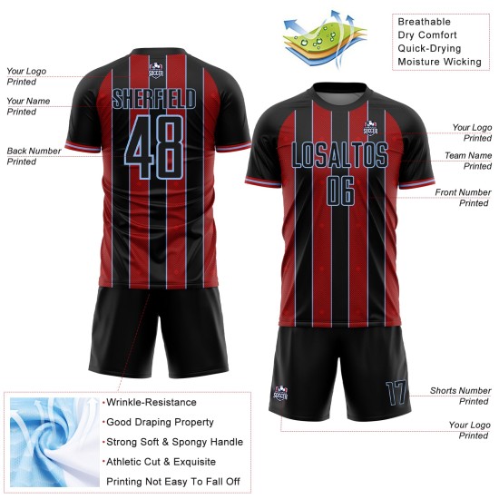 Sports Jersey Uniform Black Custom Pinstripe Soccer Red-Light Blue Sublimation Line
