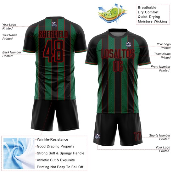 Pinstripe Sports Sublimation Black Line Soccer Jersey Custom Uniform Kelly Green-Red