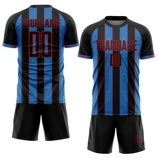 Sublimation Custom Sports Uniform Pinstripe Powder Line Black Blue-Red Soccer Jersey