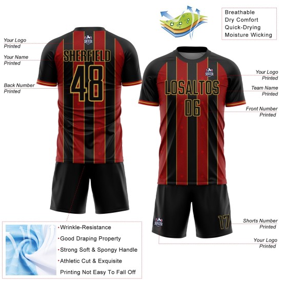 Sublimation Gold Sports Line Jersey Soccer Custom Uniform Red-Old Pinstripe Black