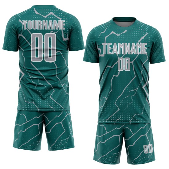 Gray-White Teal Lightning Sublimation Jersey Custom Sports Soccer Uniform