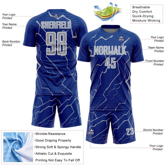 Gray-White Sublimation Royal Sports Jersey Soccer Lightning Custom Uniform