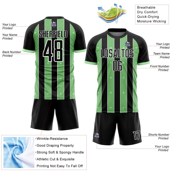 Green-White Pinstripe Custom Pea Jersey Sublimation Uniform Black Line Sports Soccer Green-White Pinstripe Custom Pea Jersey Sublimation Uniform Black Line Sports Soccer