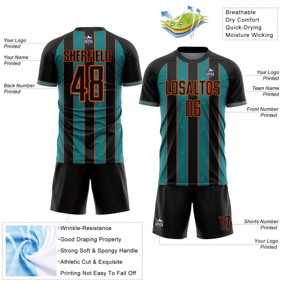 Sports Custom Sublimation Line Soccer Teal-Orange Uniform Pinstripe Black Jersey