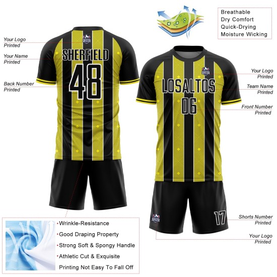 Sports Black Sublimation Jersey Custom Pinstripe Uniform Light Soccer Yellow-White Line