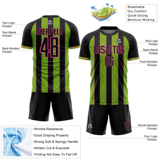 Sublimation Uniform Neon Custom Black Green-Pink Line Jersey Sports Soccer Pinstripe