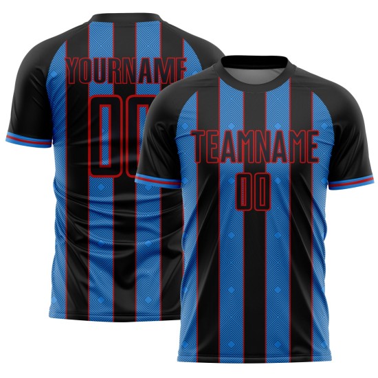 Sublimation Custom Sports Uniform Pinstripe Powder Line Black Blue-Red Soccer Jersey