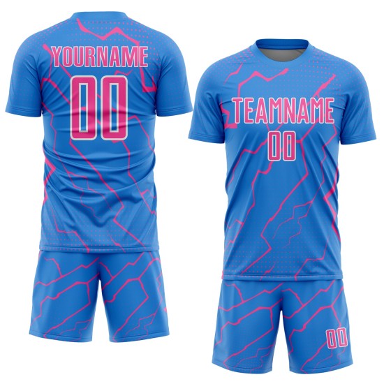 Pink-White Uniform Custom Sports Blue Jersey Lightning Powder Soccer Sublimation