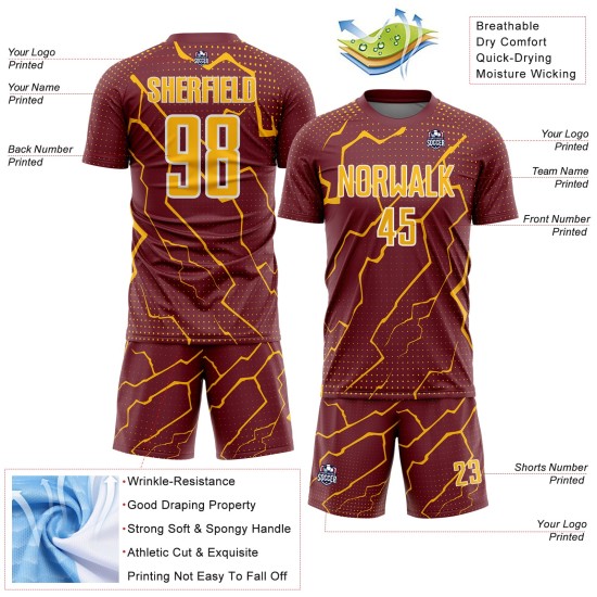 Jersey Gold-White Uniform Soccer Sports Custom Sublimation Lightning Burgundy