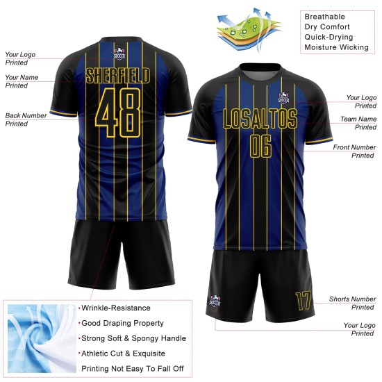 Pinstripe Royal-Yellow Sublimation Black Custom Line Soccer Jersey Sports Uniform