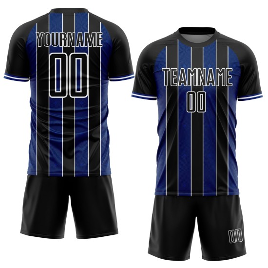 Sports Soccer Pinstripe Line Custom Sublimation Uniform Black Royal-White Jersey Sports Soccer Pinstripe Line Custom Sublimation Uniform Black Royal-White Jersey