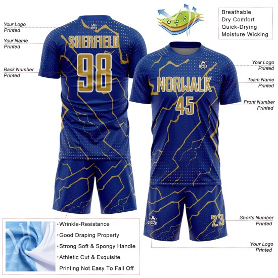 Sublimation Soccer Jersey Sports Old Royal Gold-White Lightning Uniform Custom Sublimation Soccer Jersey Sports Old Royal Gold-White Lightning Uniform Custom