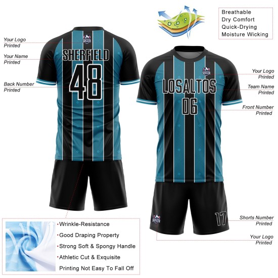 Sports Pinstripe Panther Black Uniform Sublimation Custom Soccer Blue-White Line Jersey