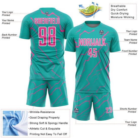 Lightning Soccer Jersey Sports Uniform Custom Aqua Sublimation Pink-White