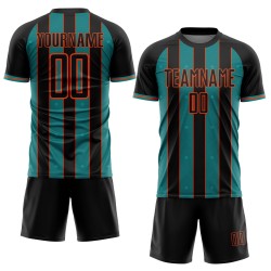 Sports Custom Sublimation Line Soccer Teal-Orange Uniform Pinstripe Black Jersey