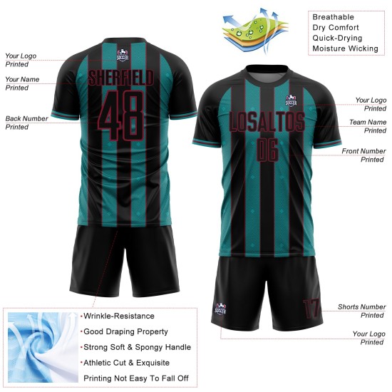 Black Soccer Uniform Jersey Pinstripe Teal-Crimson Sublimation Custom Sports Line