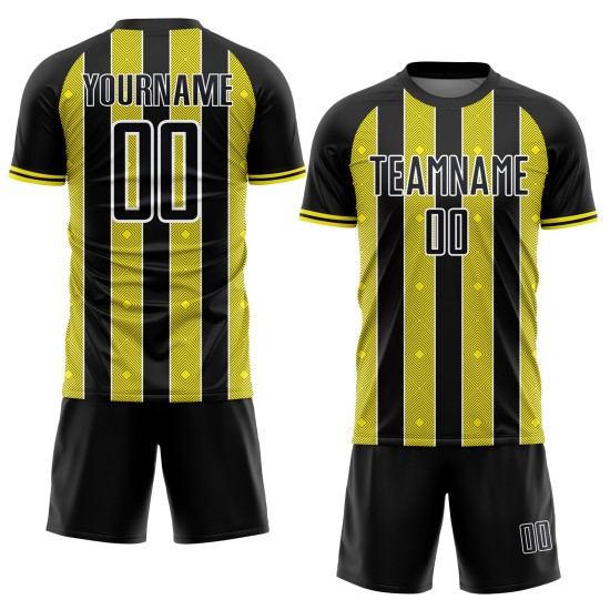 Sports Black Sublimation Jersey Custom Pinstripe Uniform Light Soccer Yellow-White Line