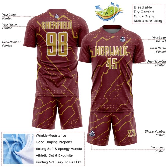 Sublimation Sports Lightning Burgundy Uniform Old Gold-White Custom Jersey Soccer Sublimation Sports Lightning Burgundy Uniform Old Gold-White Custom Jersey Soccer