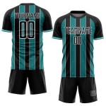 Pinstripe Teal-White Jersey Sublimation Line Soccer Uniform Custom Sports Black Pinstripe Teal-White Jersey Sublimation Line Soccer Uniform Custom Sports Black