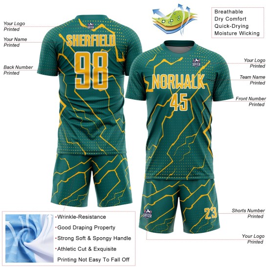 Lightning Soccer Jersey Custom Sublimation Teal Sports Uniform Gold-White Lightning Soccer Jersey Custom Sublimation Teal Sports Uniform Gold-White