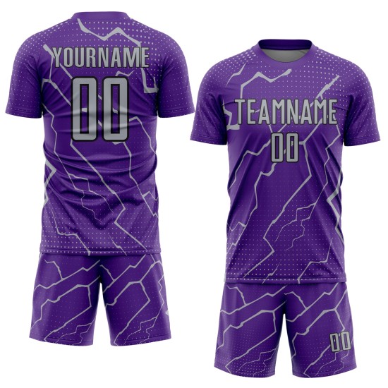 Sublimation Custom Sports Purple Gray-Black Lightning Soccer Jersey Uniform Sublimation Custom Sports Purple Gray-Black Lightning Soccer Jersey Uniform